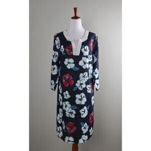 TALBOTS $129 Navy Floral 100% Linen V-Neck Beaded Tunic Dress Size Medium